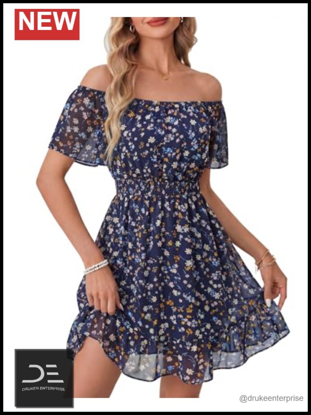 Womens Summer Chiffon Sundress Ruffle Sleeve Off Shoulder Fit Flare